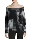 Off-The-Shoulder Long-Sleeve Printed Blouse, Black 