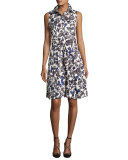 Butterfly Belted Sleeveless Shirtdress, Black/White/Blue