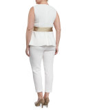 Fioretto Belted Asymmetric  Peplum Top W/ Attachable Sleeves, Plus Size 