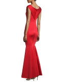 Cap-Sleeve Stretch Satin Gown, Cardinal
