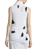 Sleeveless Ribbed Turtleneck w/Crocheted Insets, White/Black