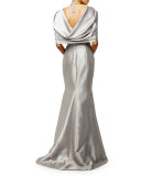 Draped-Shoulder V-Neck Mermaid Gown, Silver