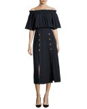 Dakota Off-the-Shoulder Button Midi Dress, Navy