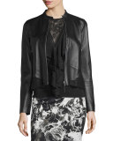 Lace-Trim Zip-Up Leather Jacket, Black