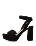 Suede Platform Ankle-Wrap Sandal, Nero