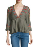 Embroidered & Embellished Pleated Top, Green