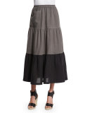 Colorblock Tiered Linen Petticoat Skirt, Black/Elephant