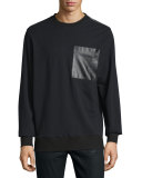 Leather-Pocket Zip Sweatshirt, Black