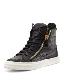 Crocodile-Print High-Top Sneaker, Nero