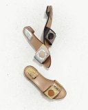 Buttoni Crocodile-Embossed Slide Sandal, Pewter/Black