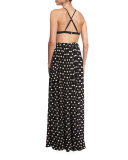 Polka-Dot Slit Maxi Skirt, Black/Cream