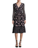 long-sleeve floral silk midi dress, black
