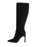 Hyper Pointed-Toe Velvet Knee Boot, Smoke