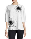 Beaded-Sunburst Half-Sleeve Blouse, Off White