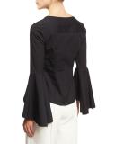 Sofia Bell-Sleeve V-Neck Poplin Blouse