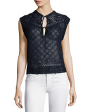 Sleeveless Embroidered Silk Top, Navy