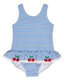 Skirted One-Piece Striped Seersucker Swimsuit, Blue, Size 2T-6X