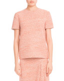 Tweed Short-Sleeve Round-Neck Top, Orange/White