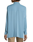 Long-Sleeve Split-Neck Silk-Blend Blouse
