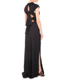 Cap-Sleeve Open-Back Fishtail Gown, Black