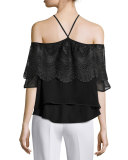Fleur Tiered Lace Cold-Shoulder Top, Black