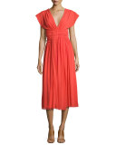 V-Neck Ruched-Waist Tulle Midi Dress, Coral