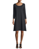 3/4-Sleeve Cotton Interlock A-line Dress, Black, Plus Size