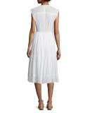 Sleeveless Pintucked Lace-Trim Midi Dress, White