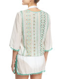 Rhea Pompom-Trim Cotton-Silk Voile Caftan Coverup, Green/White