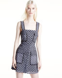 Sleeveless Laser-Cut Mini Dress, Blue/White