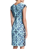 Cap-Sleeve Acanthus-Print Sheath Dress, Multi Colors