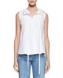 Eyelet Lace-Collar Poplin Blouse, White