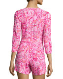 Karlie 3/4-Sleeve Wrap Romper, Pink Mango Salsa