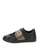 Leather Low-Top Sneaker with Stripe, Black/Gunmetal