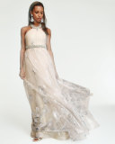 Halter Beaded Butterfly Tulle Gown, Blush 