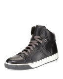 Piped Leather High-Top Sneaker, Black 