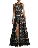 Richie Sleeveless Lace Romper Gown, Black/Nude
