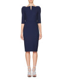 3/4-Sleeve Split-Neck Sheath Dress, Navy