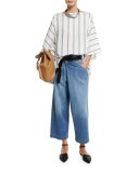 Wide-Leg Crossover Cropped Jeans, Medium Blue