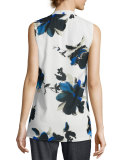 Painted Oleander-Print V-Neck Shell, Blue Pattern