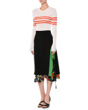 Floral-Hem Tie-Side Midi Skirt, Black