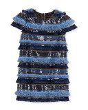 Chloe Cap-Sleeve Sequin & Fringe Shift Dress, Ice, Size 4-6