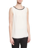 Beaded-Trim Silk Georgette Shell, Frost/Multi