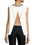 Jeweled-Neck Split-Back Top, White