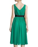 sleeveless shirred silk chiffon midi dress, emerald ring
