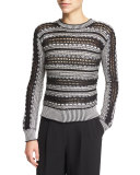 Long-Sleeve Crochet-Striped Sweater, Black/White