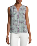 Finnegan Sleeveless Floral Plaid Silk Top, Gray