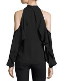 Adrienne Ruffled Cold-Shoulder Silk Blouse, Black