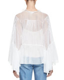 Embroidered Tulle Bell-Sleeve Blouse, Milk
