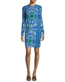 Walker Long-Sleeve Printed Sheath Dress, Blue